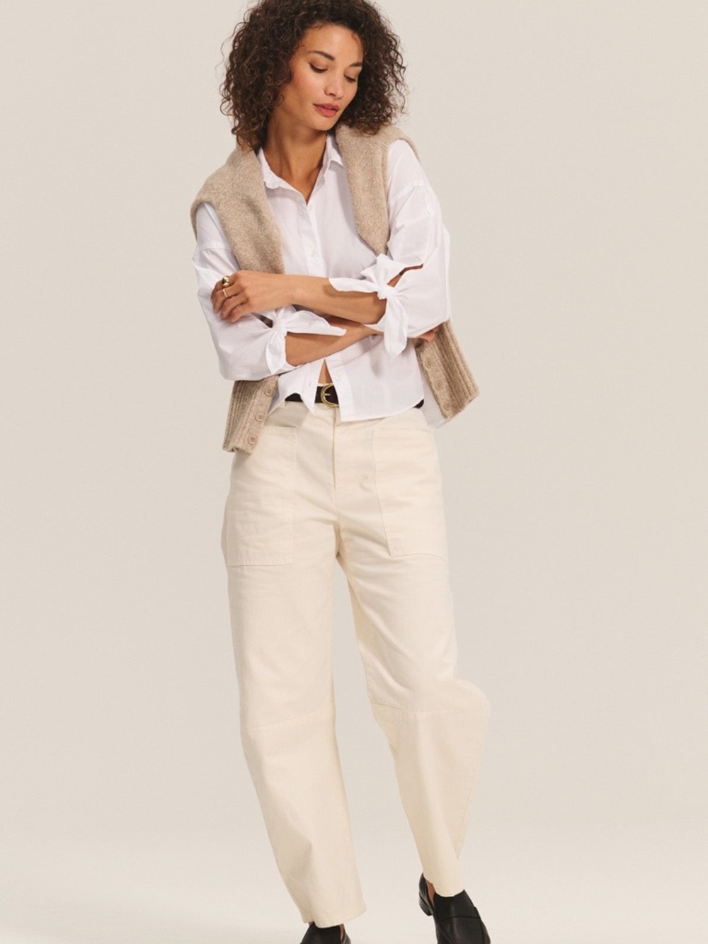 Classic White Tie-Sleeve Button-Down Shirt - Picture 3 of 13
